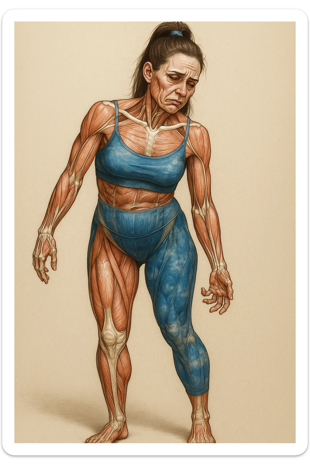 Donna in abbigliamento sportivo, postura asimmetrica, stile medico realistico, muscoli e ossa visibili, segni specifici di stress cronico: mascella serrata, spalle sollevate, rughe sulla fronte, occhiaie marcate, mani contratte, sfondo neutro, formato verticale. sticker