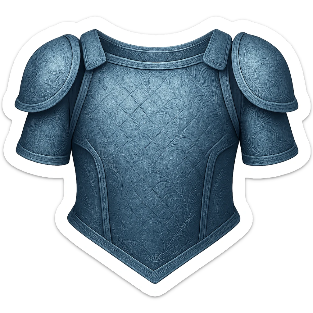 Recolor this armor to match the blueish-gray steel color and ornate engravings of the reference helmet. Emphasize the cool metallic finish and detailed engravings, matching the helmet exactly. Transparent background. sticker