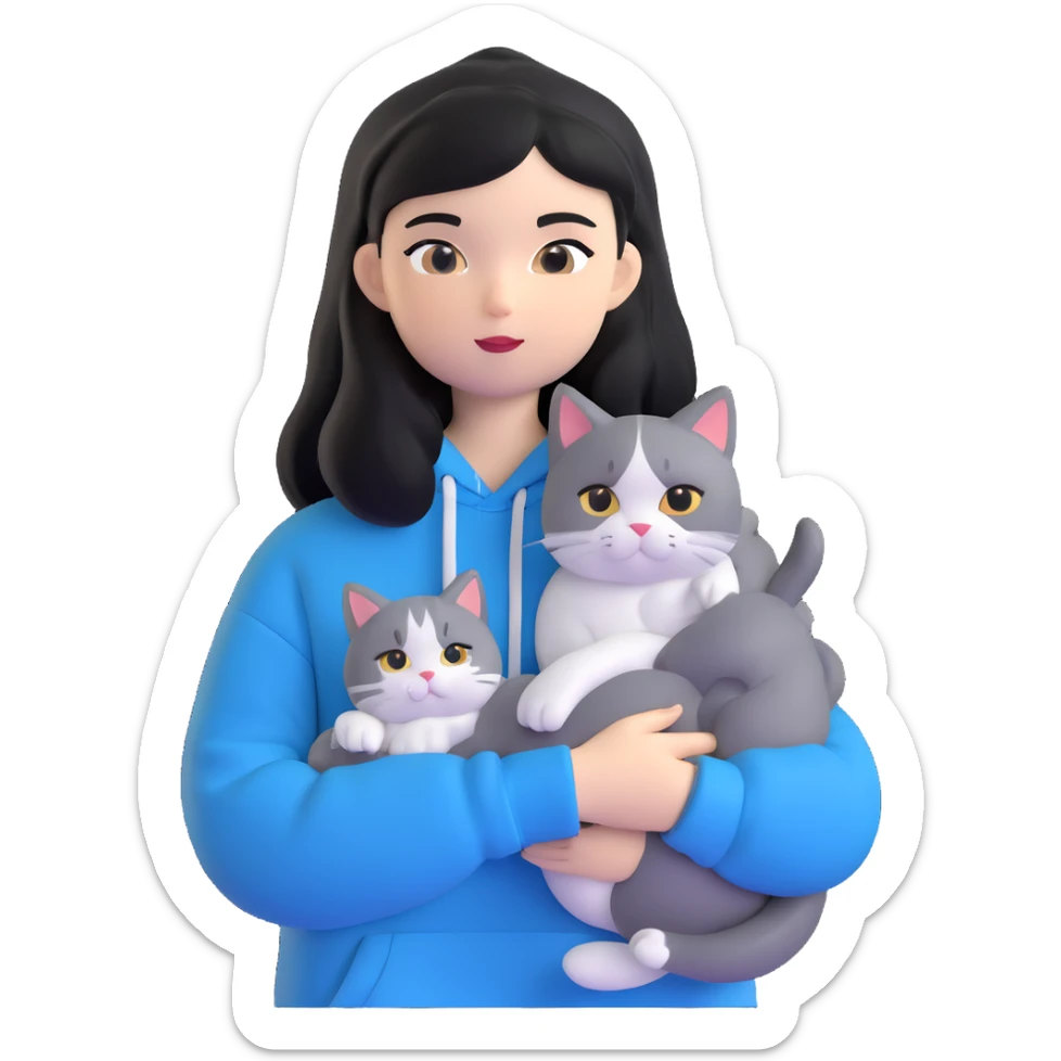 Girl with black hair wearing gray hoodie with a British shorthair blue and white cat and a long-haired blue and white cat sticker