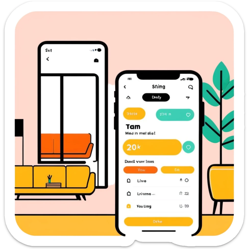 dating app swipe interface on phone but with living room designs instead of people profiles, with swipe left and right indicators sticker
