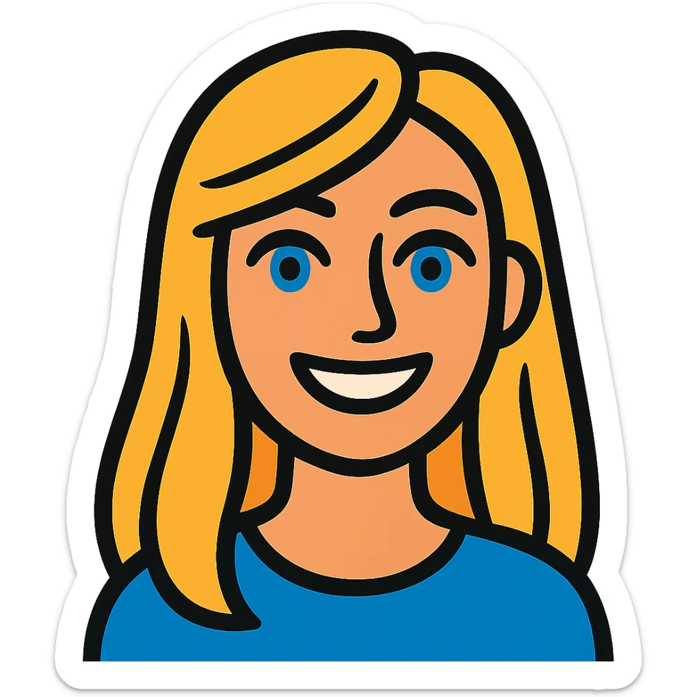 cartoon style portrait of a smiling female with long blonde hair and blue eyes sticker