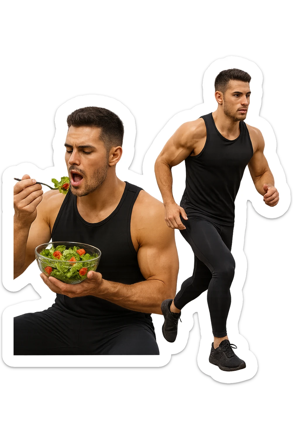 uomo fitness che mangia insalata accanto a uomo identico esteticamente che corre, iperrealistici 4k sticker