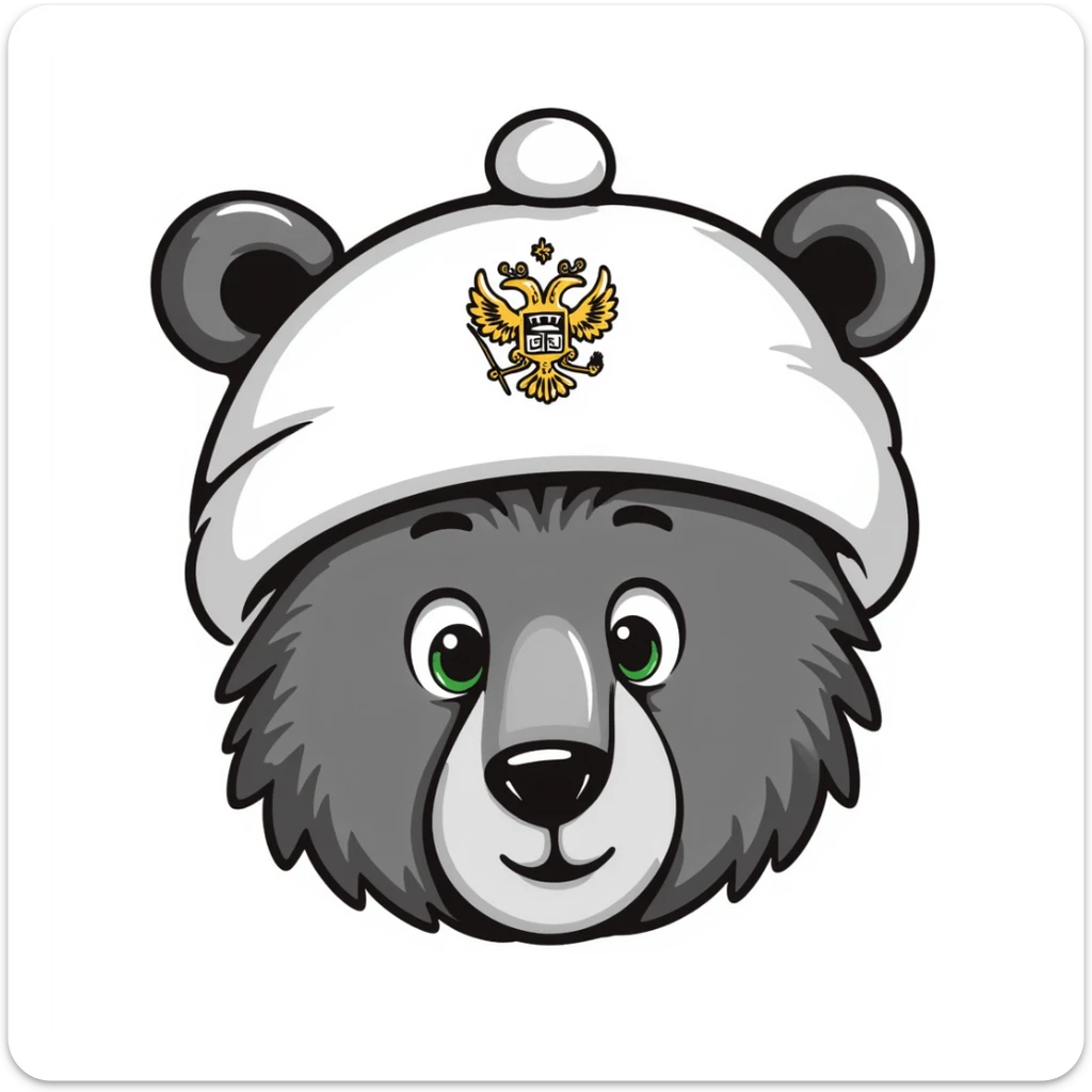 Cute grizzly bear face with green eyes, wearing a white fur hat with golden Russian coat of arms in the middle sticker