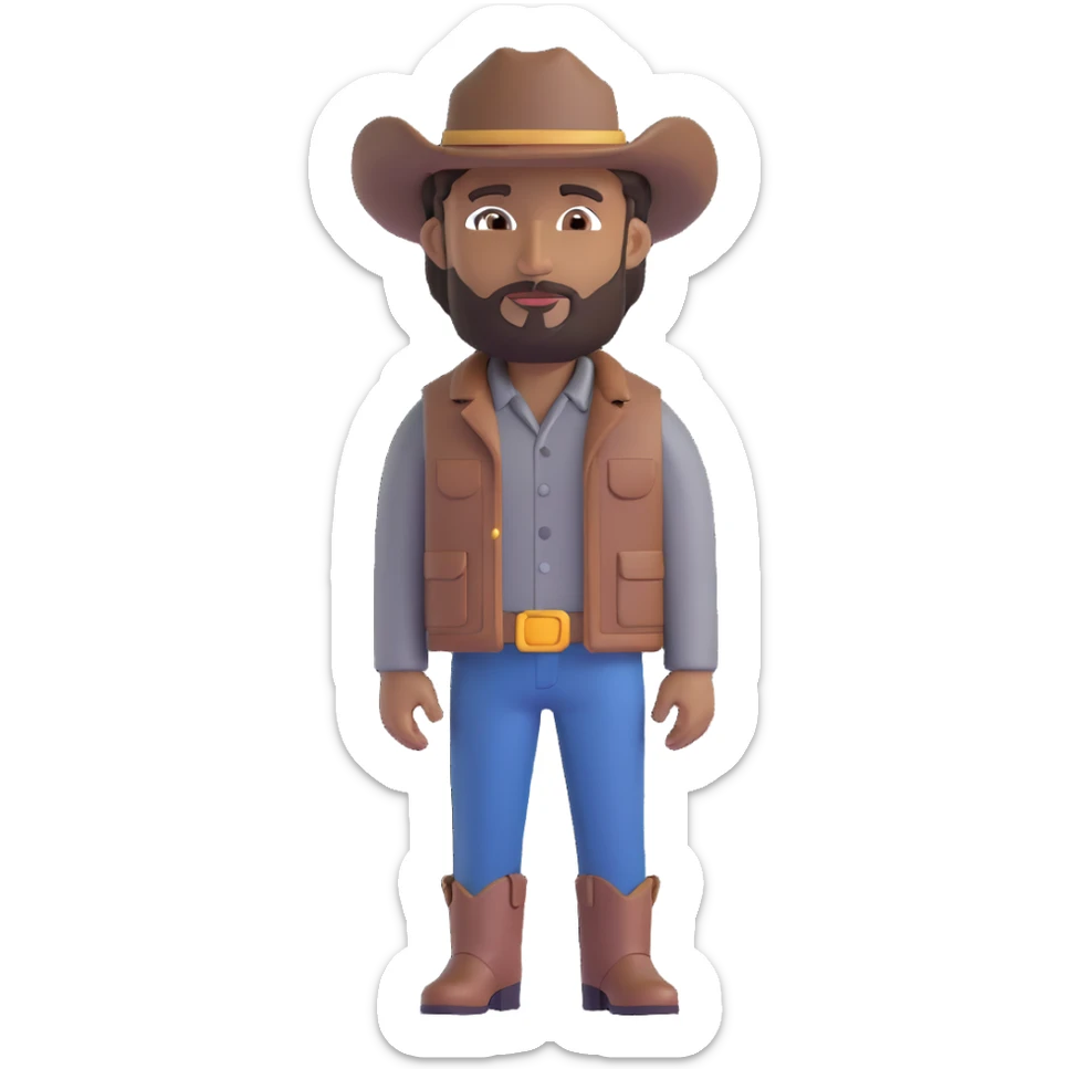 male cowboy emoji, medium brown skin, brown eyes, medium musculature, beard and goatee, brown leather hat, gray shirt, black and gray jacket, full body, side view sticker
