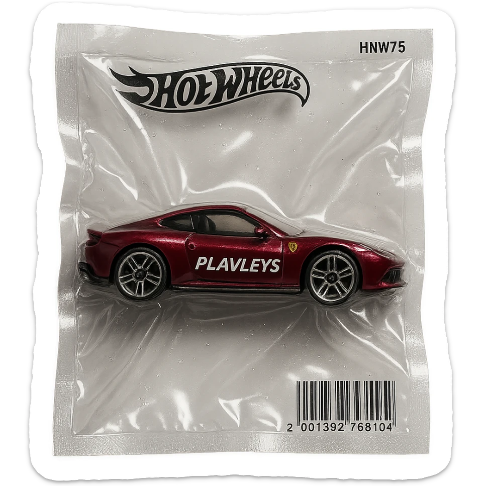 burgundy Ferrari Hot Wheels car with 'PLAVLEYS' text on the side, glossy, vacuum-sealed style sticker
