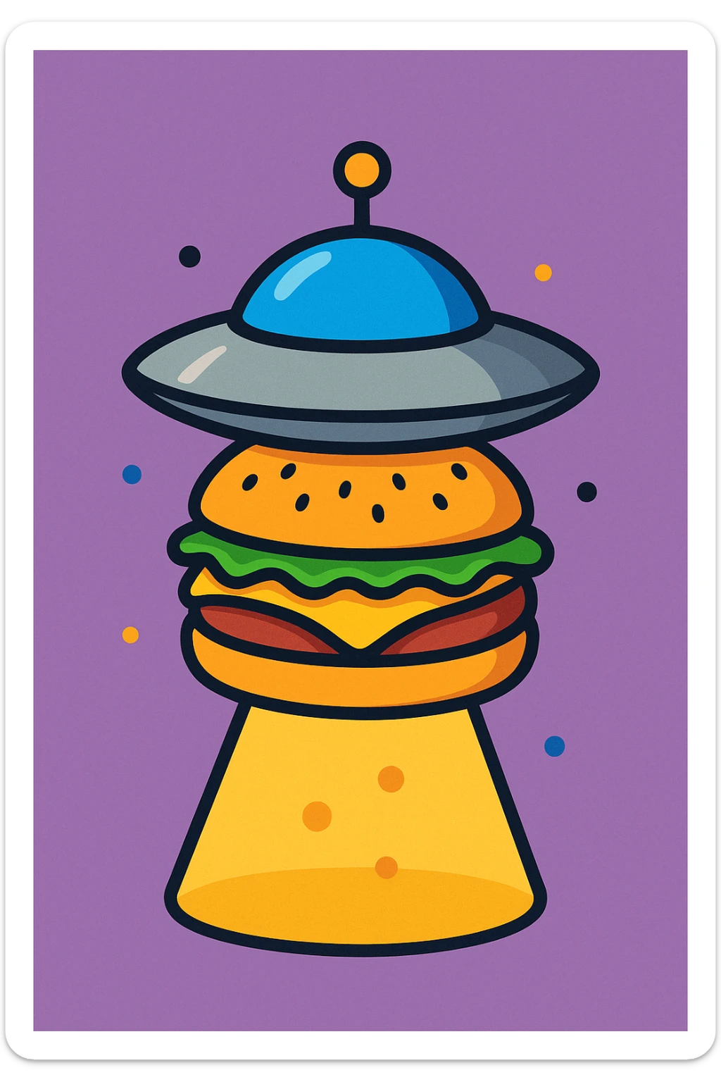 burger with metallic UFO rim and antenna, hovering with a beam of light, cute friendly style sticker