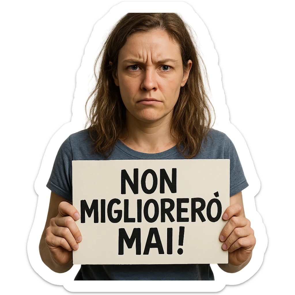 DONNA CHE TIENE UN CARTELLO IN MANO CON LA SCRITTA "NON MIGLIORERò MAI!", iperrealistico 4k sticker