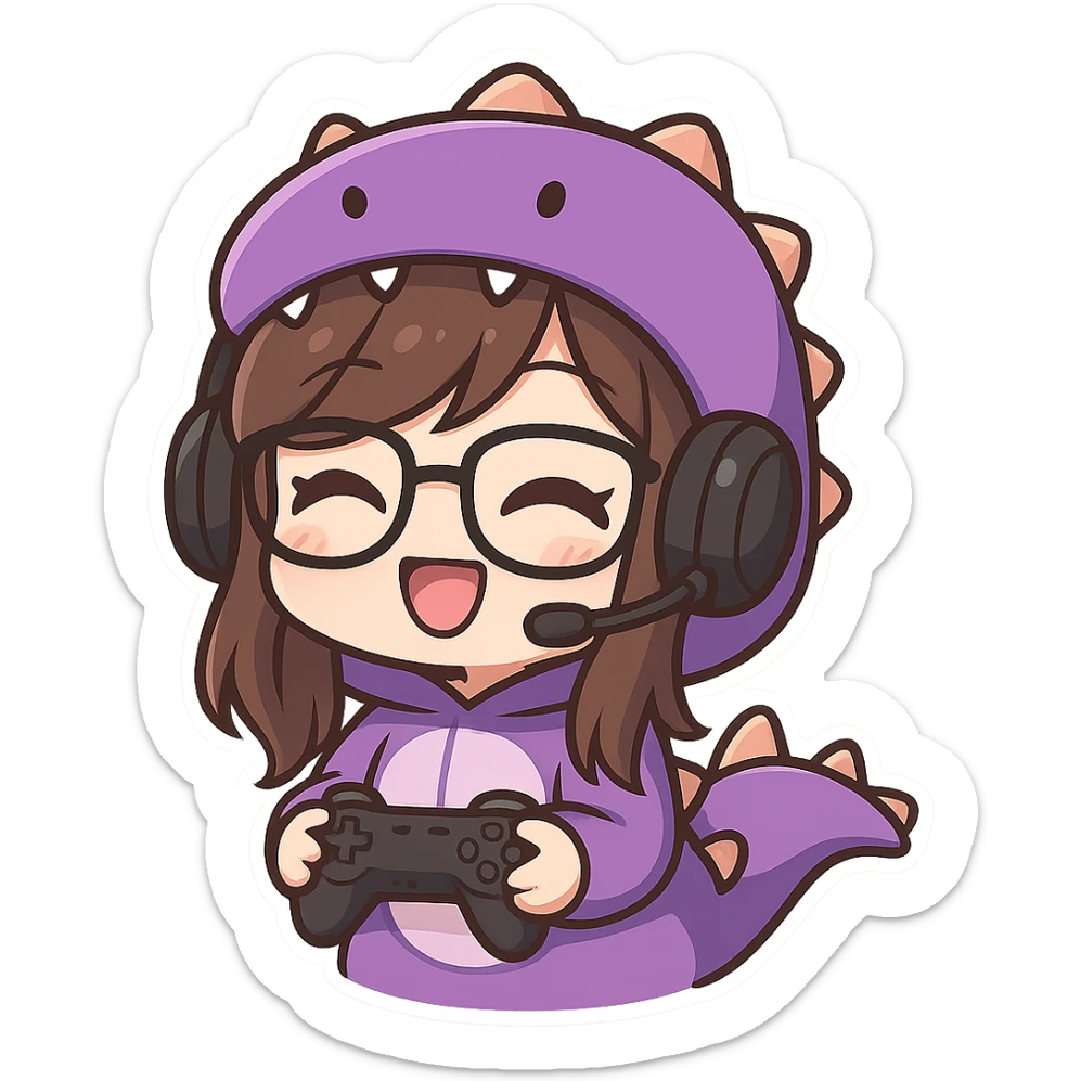 chibi anime style gamer girl with glasses, brown hair, dark purple eyes, wearing a purple dinosaur costume, happy emote, no controller sticker