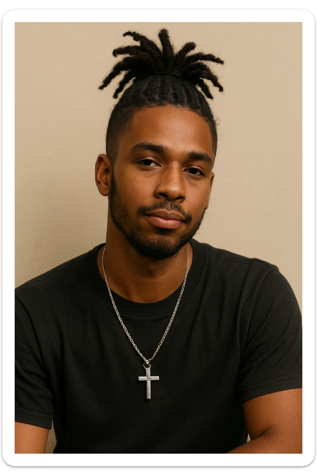 portrait of a brown-skinned person with a cross chain and dreadlocks tied up in a ponytail on top, relaxed pose, minimal background sticker