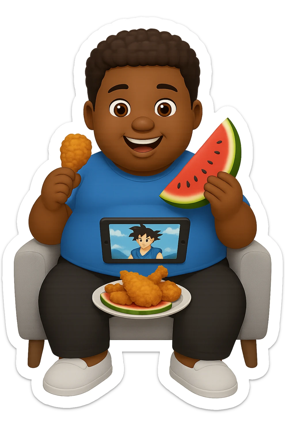 A big fat black boy eating chicken and watermelon all day and watching anime, whole body, style: Emoji sticker