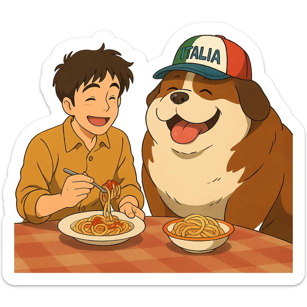 ghibli style guy in Italy eating pasta with a huge, happy, fat whale of a dog wearing an Italy hat sticker