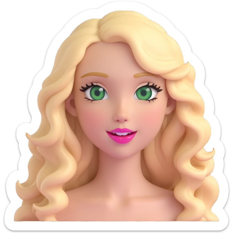emoji of a girl with green eyes, long blonde wavy hair, long eyelashes, pink lips, winking sticker