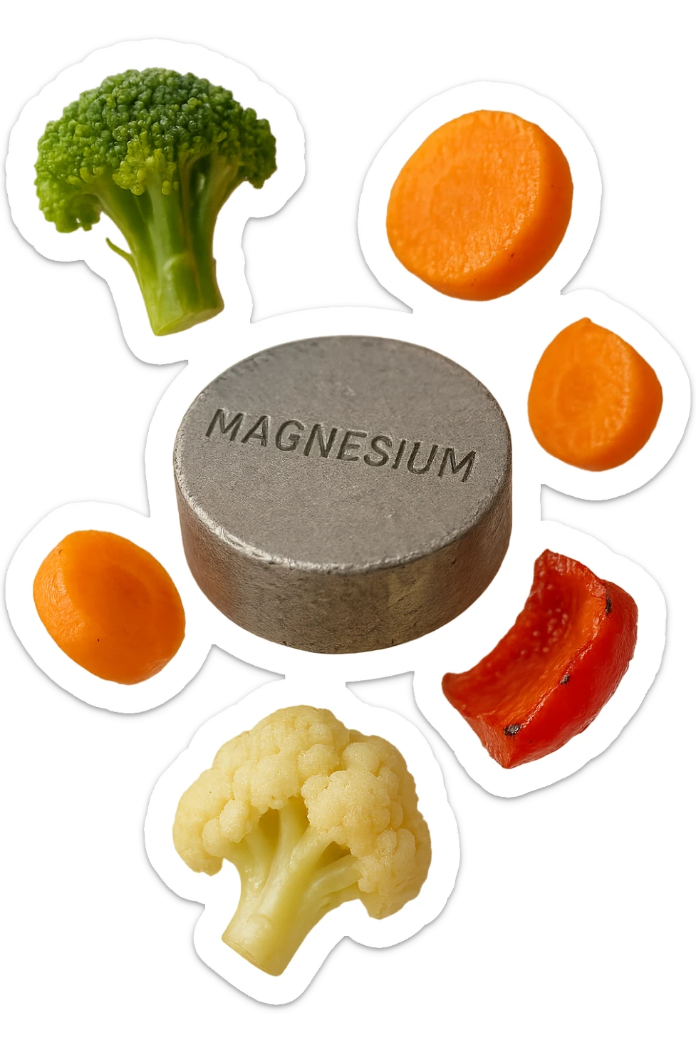 BOCCETTA DI MAGNESIO E VERDURE COTTE FLUTTUANO IN ARIA, IPERREALISTICA 4K sticker