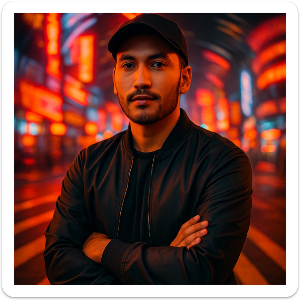Create an urban cinematic portrait of a Southeast Asian man in his early 30s with sawo matang skin, standing in a crosswalk at night with a neon city background and spiral motion blur. The man has a relaxed posture, black cap, bomber jacket, fashion editorial style, warm and saturated colors, and soft light on face. Use the reference image for facial structure. sticker