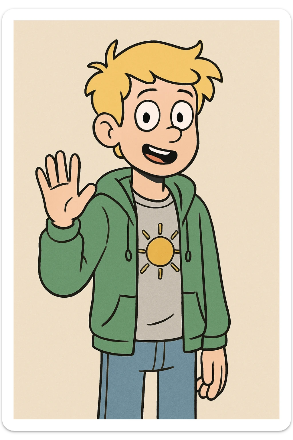 A boy yellow hair grey t-shirt yellow sun green hoodie lights blue jeans a hand hello  sticker