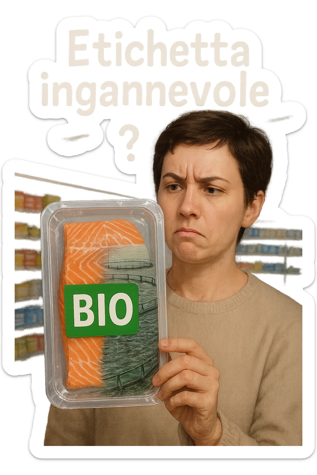 Scena in un supermercato moderno: uomo o donna tiene in mano una confezione di salmone etichettata 'BIO', con un grande bollino verde. Ma in trasparenza, dietro l’etichetta, si intravede un allevamento intensivo di salmoni in gabbie marine, acqua torbida e pesci ammassati. Espressione del cliente confusa e sospettosa. Sopra la testa, testo simbolico fluttuante: 'Etichetta ingannevole'. Colori contrastanti: confezione brillante ma realtà di fondo grigia e artificiale. Stile realistico con elementi simbolici forti realistico sticker