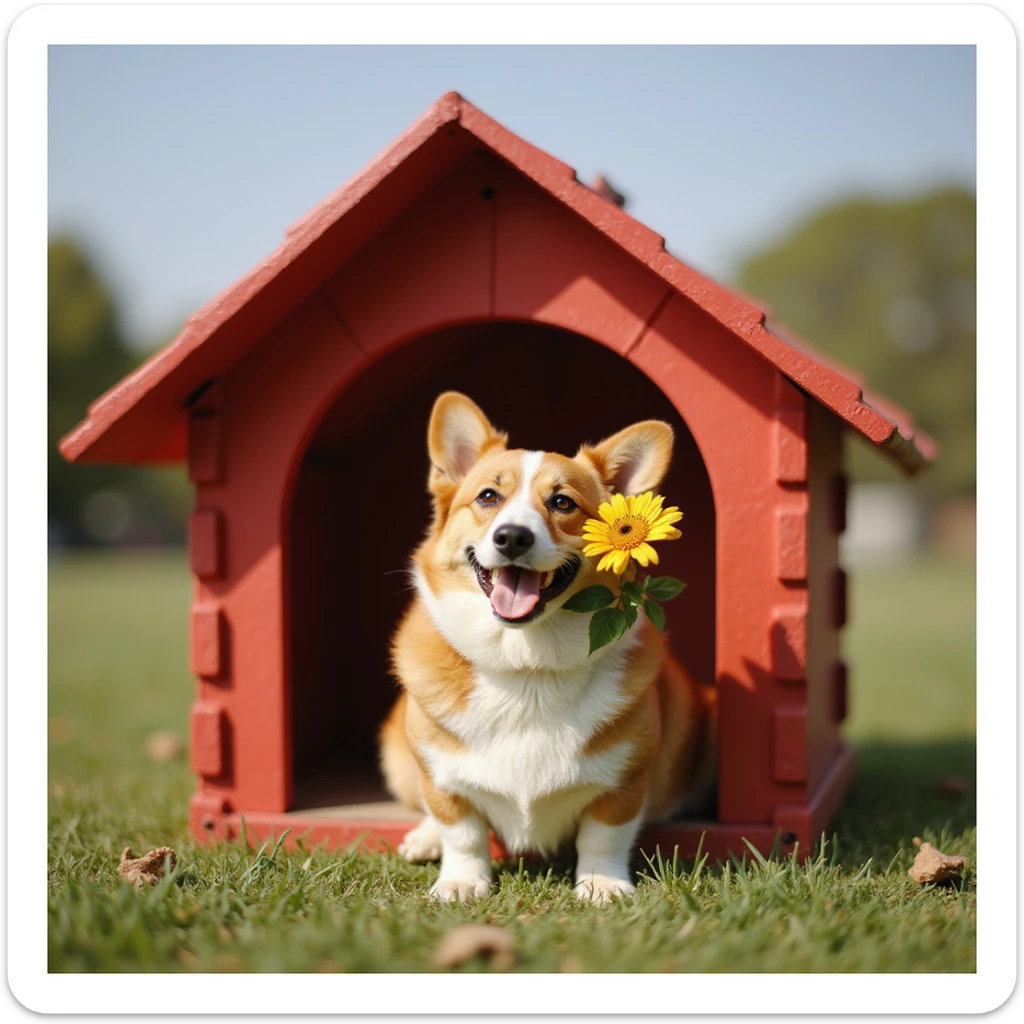 realistic red dog house with a Corgi dog inside, Corgi with a flower, photorealistic style sticker