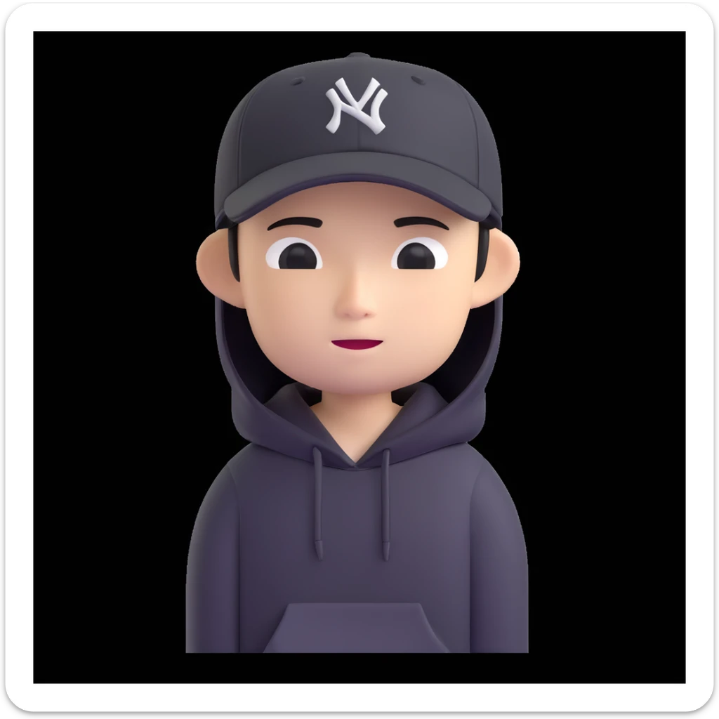 memoji-style Chinese American character for a profile photo, wearing a hoodie and a baseball cap tilted to the side, neutral expression, plain background sticker