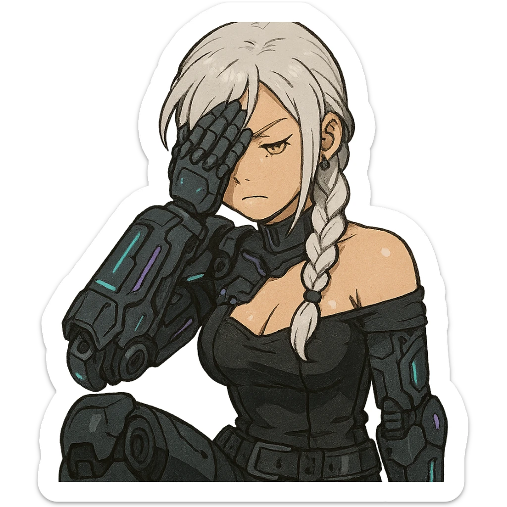  she is wearing armor, maximum power , facepalm smh, a closeup portrait of young woman with gold yellow eyes, white hair, long braid, black off-shoulder top d-cup, punk gothic style, futuristic cyberwave cyberpunk, sitting position sticker