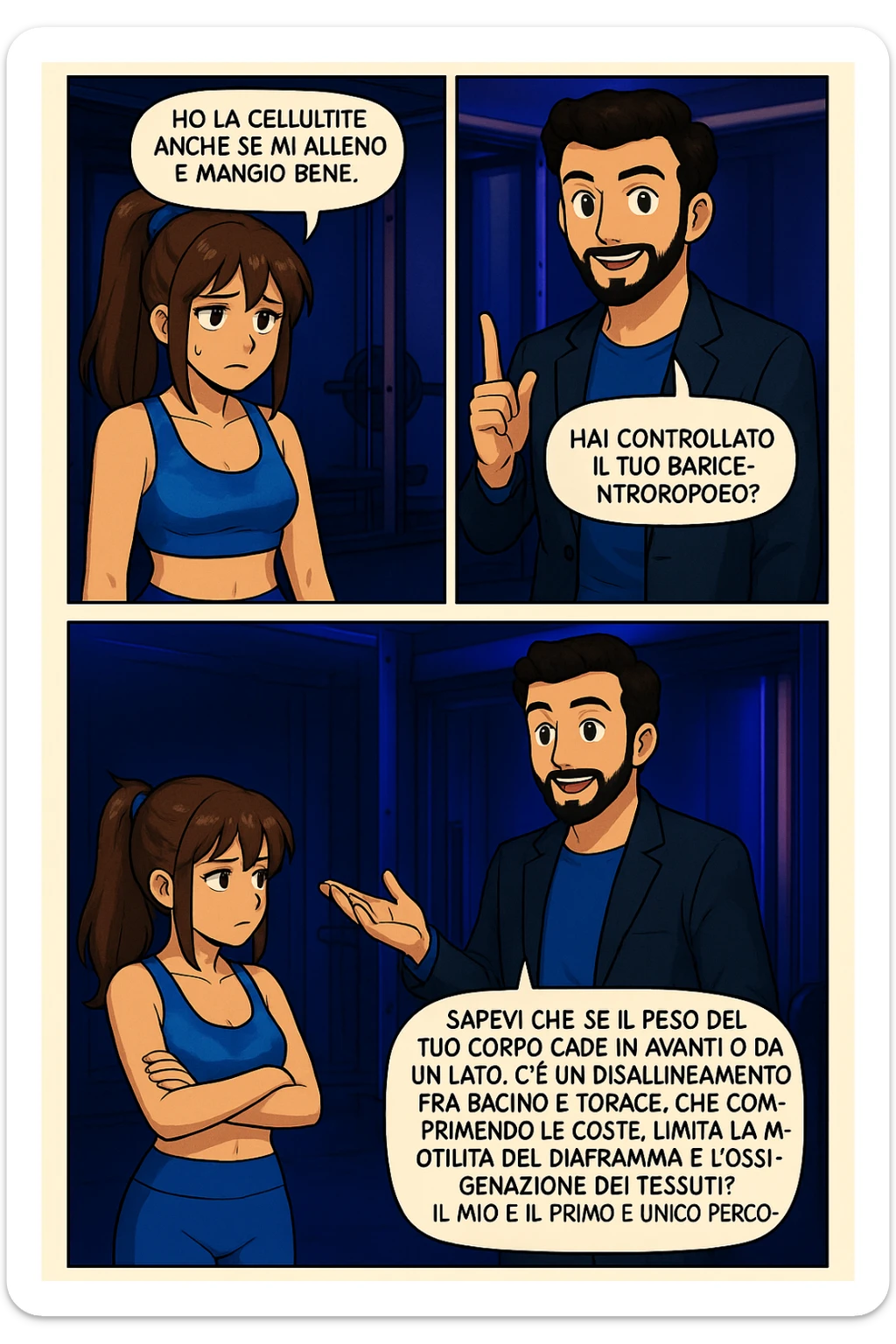 PRENDI SPUNTO DA QUESTO STILE FACENDO UN WEBTOON/MANGA:

LEI (DONNA): Ho la cellulite anche se mi alleno e mangio bene, cosa posso fare?

LUI (UOMO): Hai controllato il tuo baricentro corporeo?
LUI (UOMO): Sapevi che se il peso del tuo corpo cade in avanti o da un lato, c’è un disallineamento fra bacino e torace, che comprimendo le coste, limita la motilità del diaframma e l’ossigenazione dei tessuti?
LUI (UOMO): Il mio è il primo e unico percorso che lavora sugli inestetismi con un lavoro mirato sul baricentro corporeo. sticker