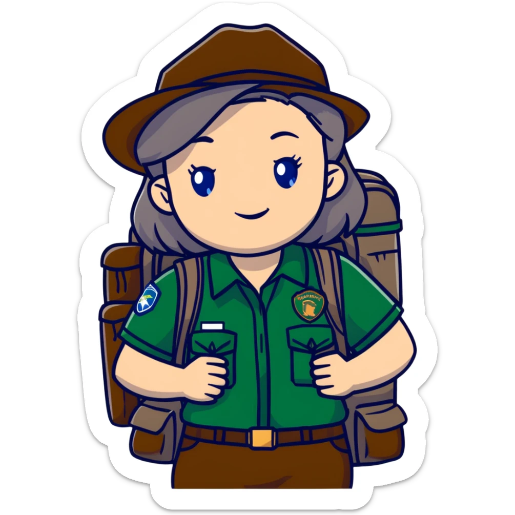 white woman park ranger with gray and brown hair, blue eyes, wearing a backpack sticker