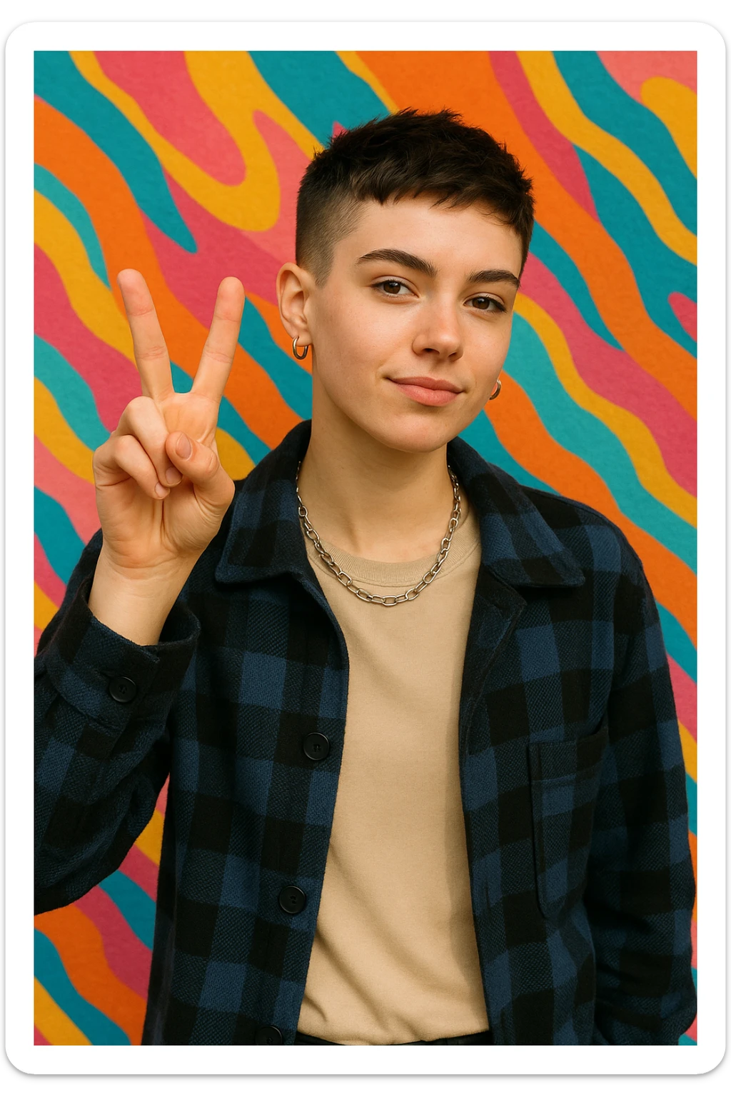 androgynous Gen Z character with short hair, holding up a victory sign sticker