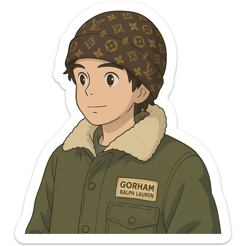 ghibli style young person wearing a Louis Vuitton beanie and a Ralph Lauren Gorham jacket sticker