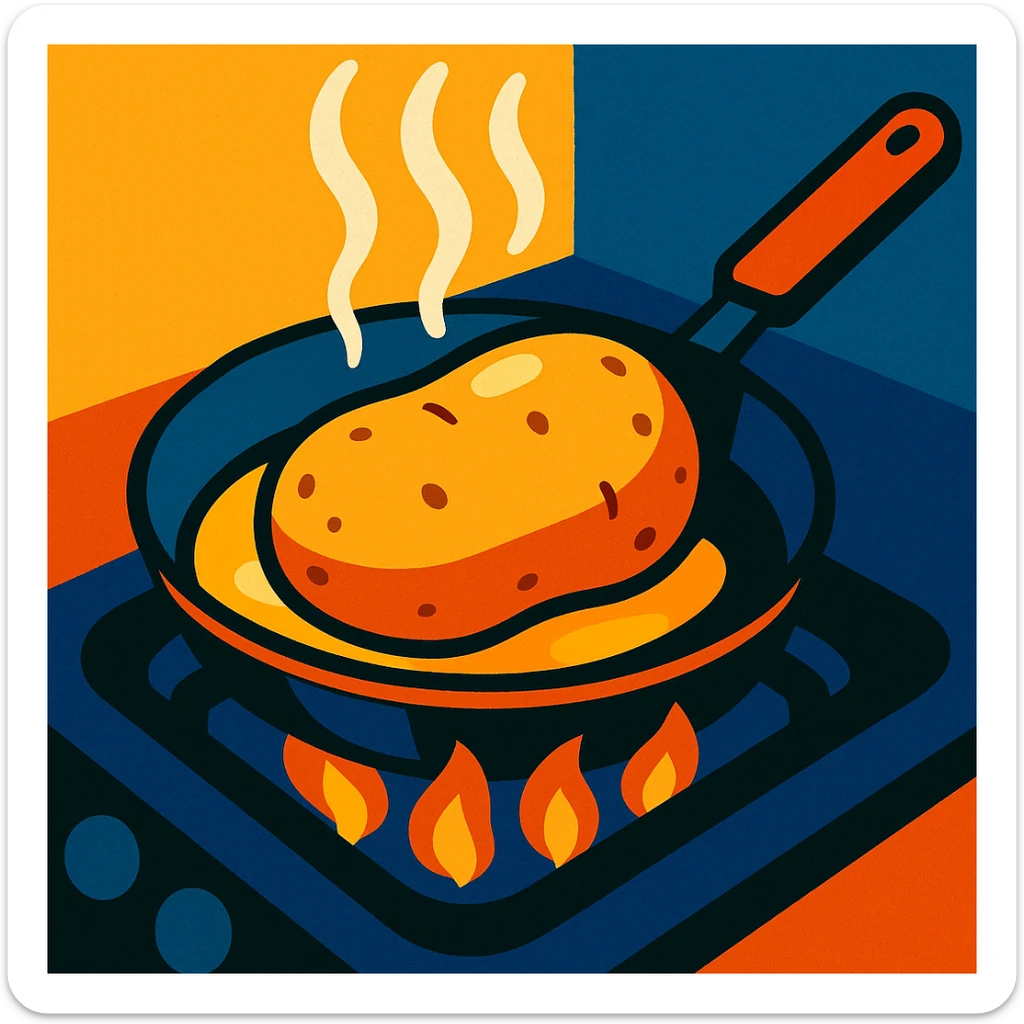 vibrant illustration of a potato being heated in a frying pan sticker