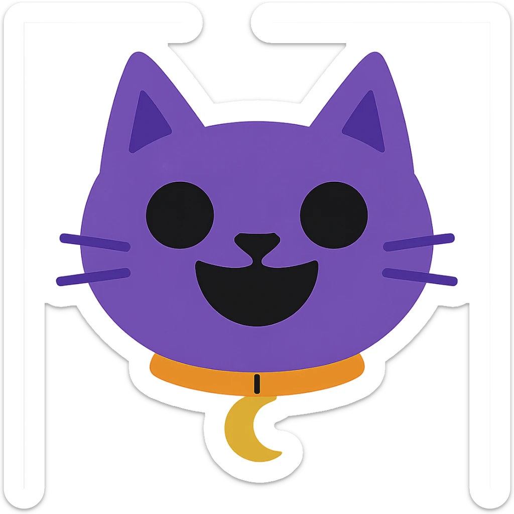 Create an image of just the head of a purple cat with black eyes, a wide open black smile with no teeth, and a visible gold moon pendant. The background should be removed, leaving only the cat's head and pendant visible. sticker