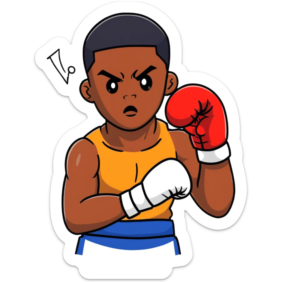 Close-up face of a young 19-year-old Black male boxer, intense gaze, boxing gloves slightly visible sticker