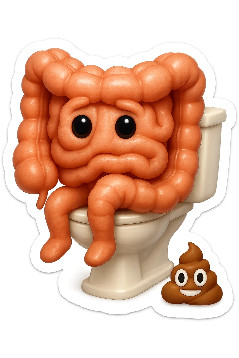 EMOJI STILE IPHONE 3D DI UN INTESTINO CHE sta seduto sul wc e davanti ha una montagnetta di feci a palline stile emoji iphone E FALLO MOLTO REALISTICO IN 3D sticker
