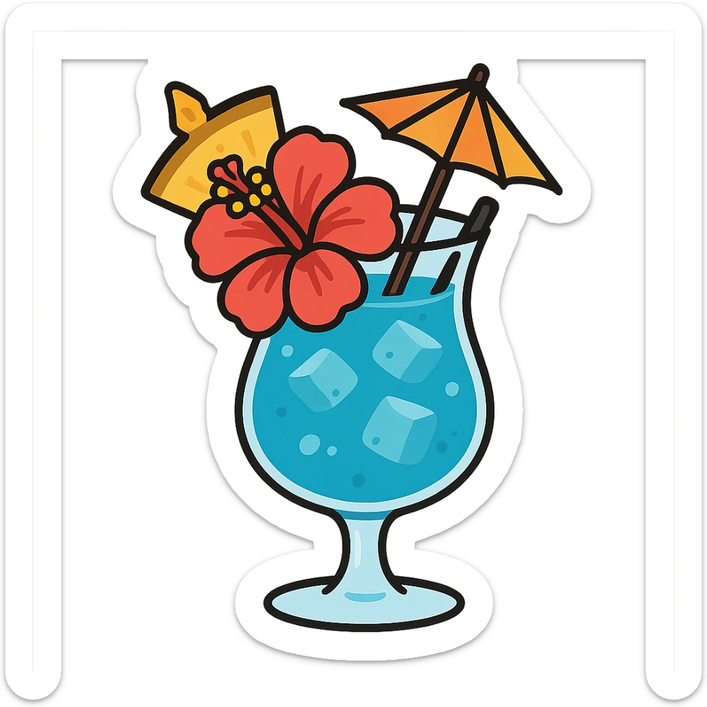 blue tropical cocktail with hibiscus, pineapple, and paper umbrella garnishes, flat toon style sticker