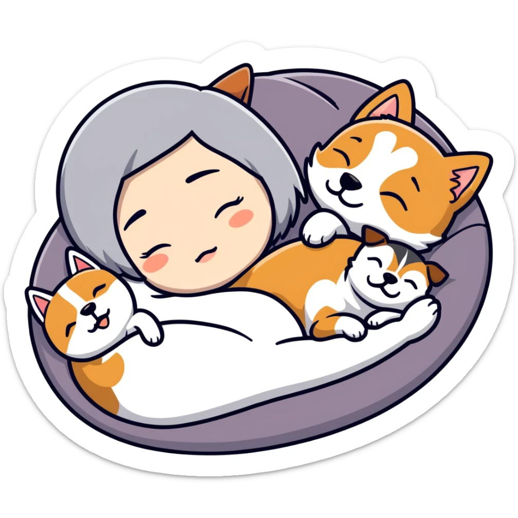 Create a short hair gray hair girl sleeping cuddling with a shiba and a Yorkshire terrier and a jack Russel terrier  sticker