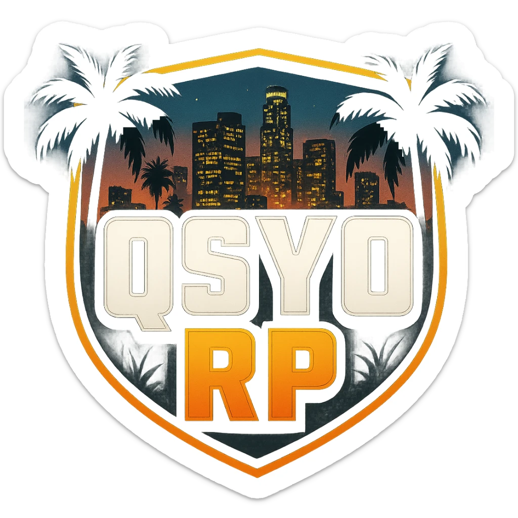 emblem for GTA V RP server, 'QSYO RP' in bold letters, inspired by GTA V cover art, with palm trees and city lights, stylish and modern sticker