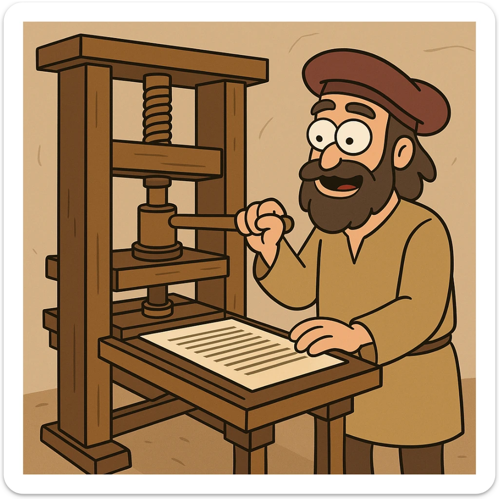 Gutenberg's printing press, simplified cartoon style, brown and gold colors, no text sticker