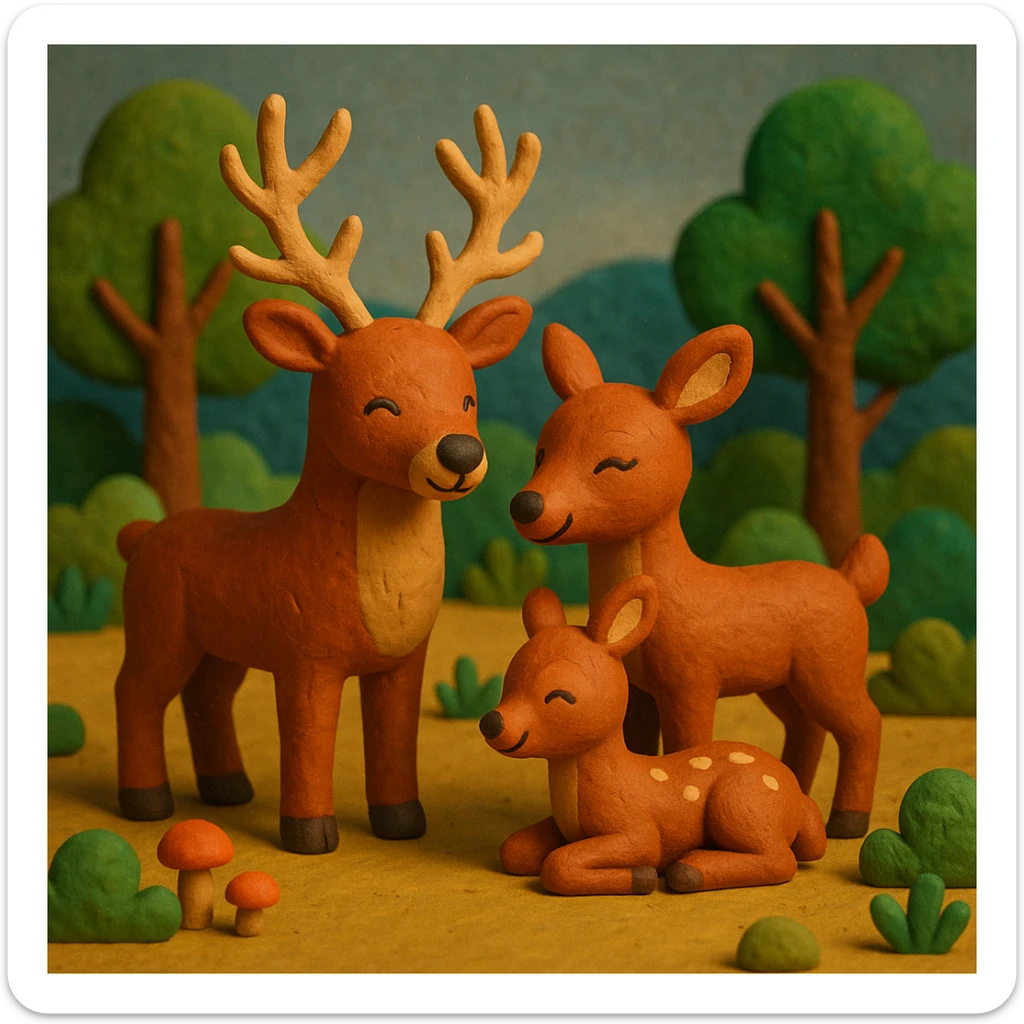 deer family in a woodland clearing, vibrant colors, cheerful and cozy, claymation style sticker