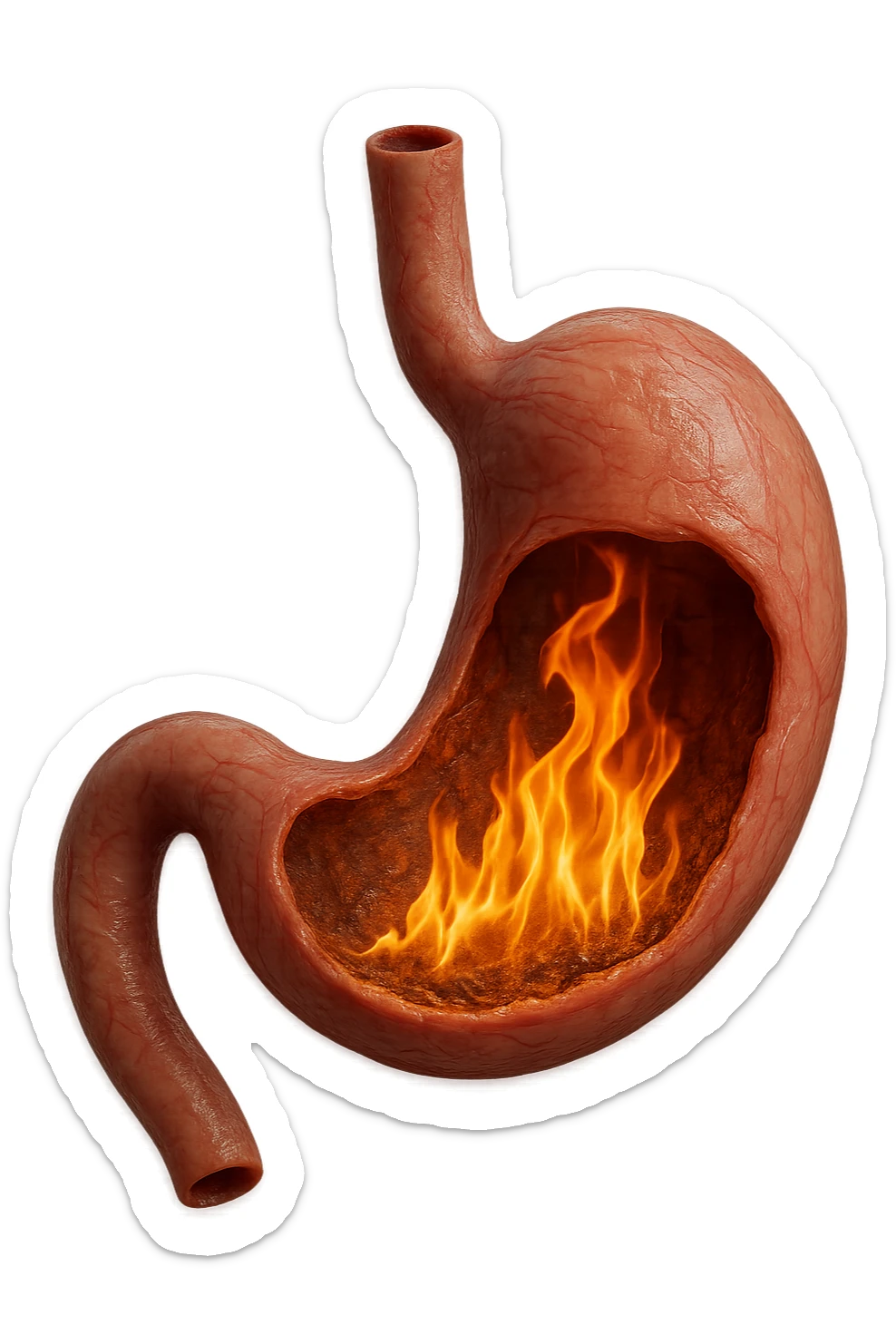 stomaco umano anatomico  con fiamma che brucia all'interno, iperrealistico 4k sticker