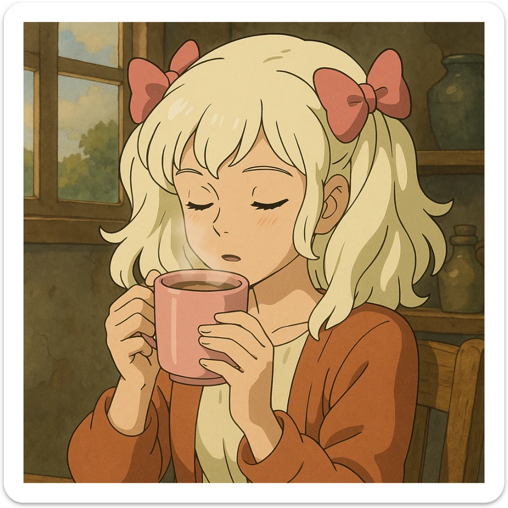 platinum blonde woman with pink bows in hair drinking hot chocolate from a pink mug, ghibli style sticker