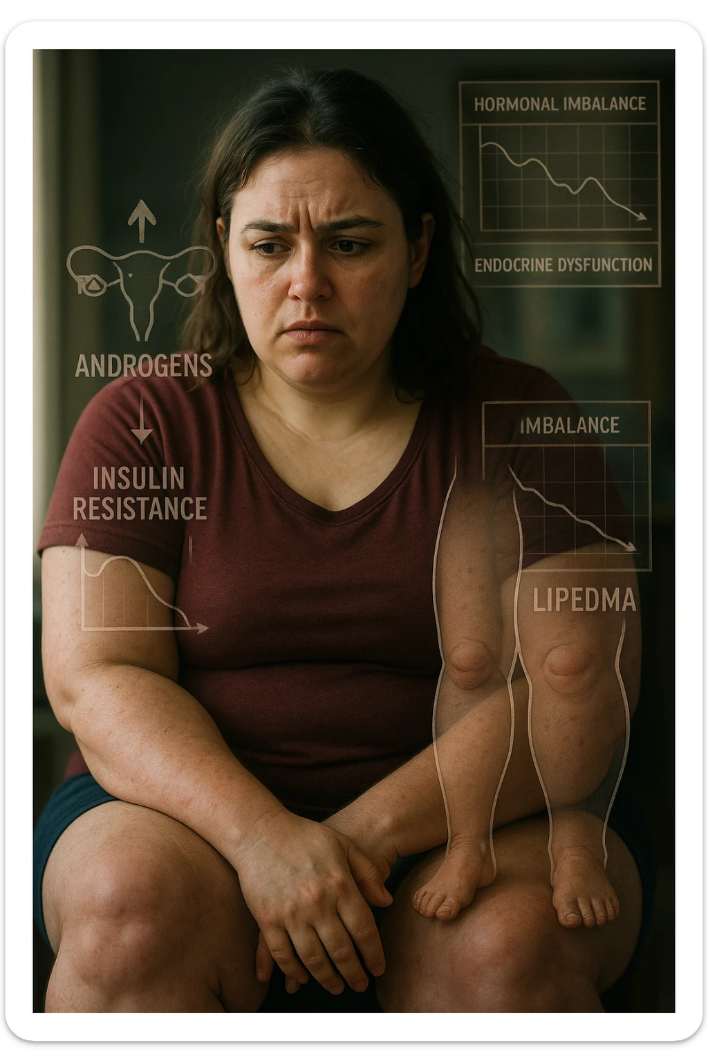 cinematic realistic in italiano Woman with PCOS struggling with hormonal chaos, transparent overlay showing elevated androgens and insulin resistance affecting her body, lipedema causing disproportionate fat accumulation in legs and arms despite normal torso, expression of frustration with unexplained weight gain, medical charts showing complex endocrine dysfunction, painful swollen limbs contrasting with metabolic confusion in italiano sticker