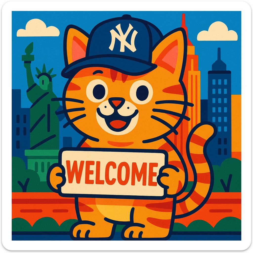 A tabby cat in a Yankees cap holding a welcome sign, New York city vibes, energetic and cute, vibrant toon illustration sticker