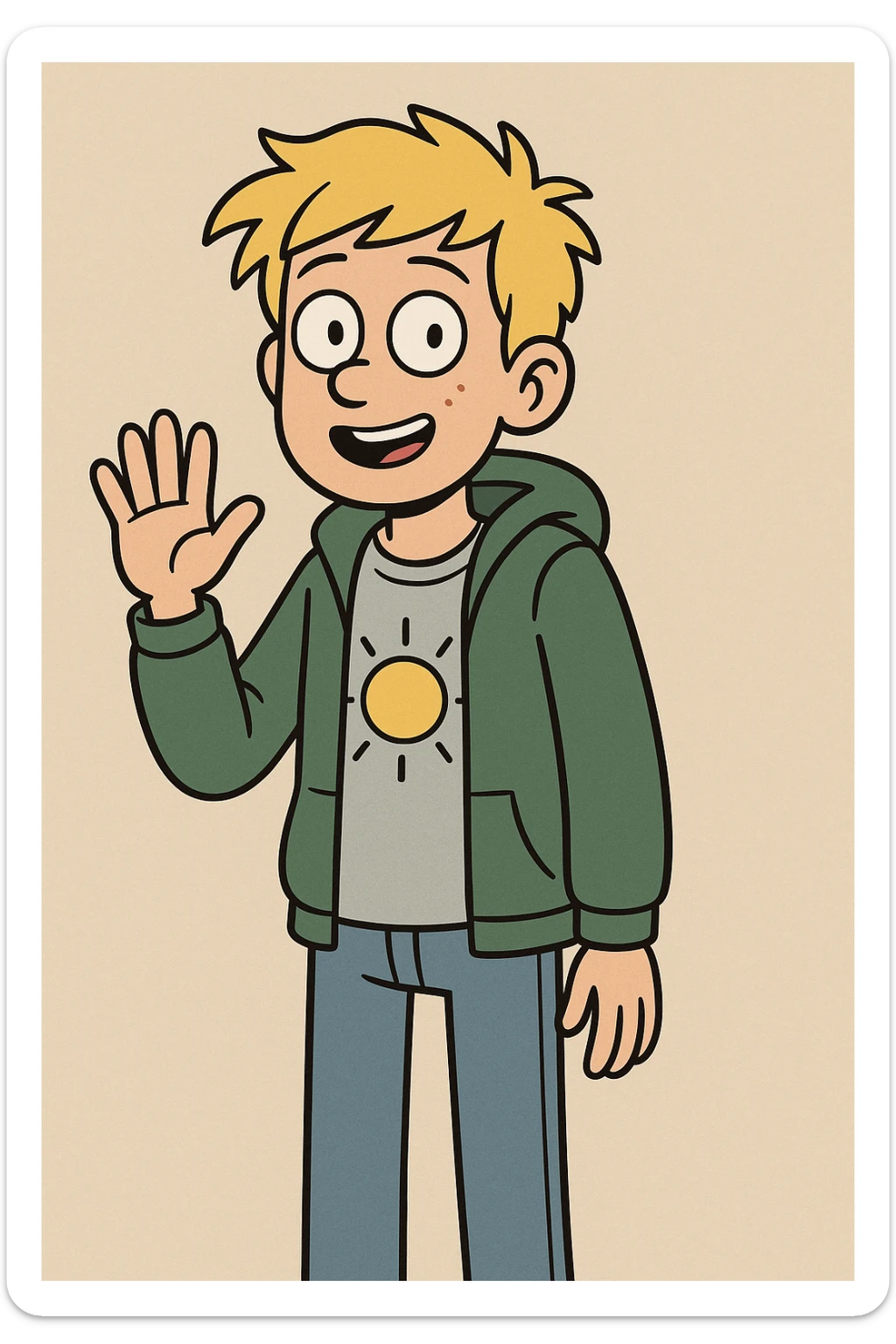 A boy yellow hair grey t-shirt yellow sun green hoodie lights blue jeans a hand hello  sticker