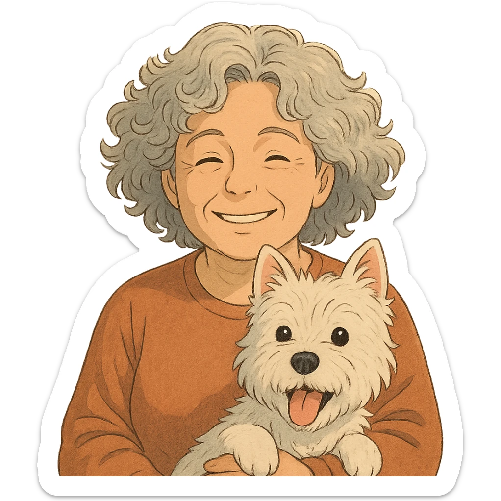 50-year-old woman with silver curly hair, smiling, with a Westie dog, ghibli style sticker