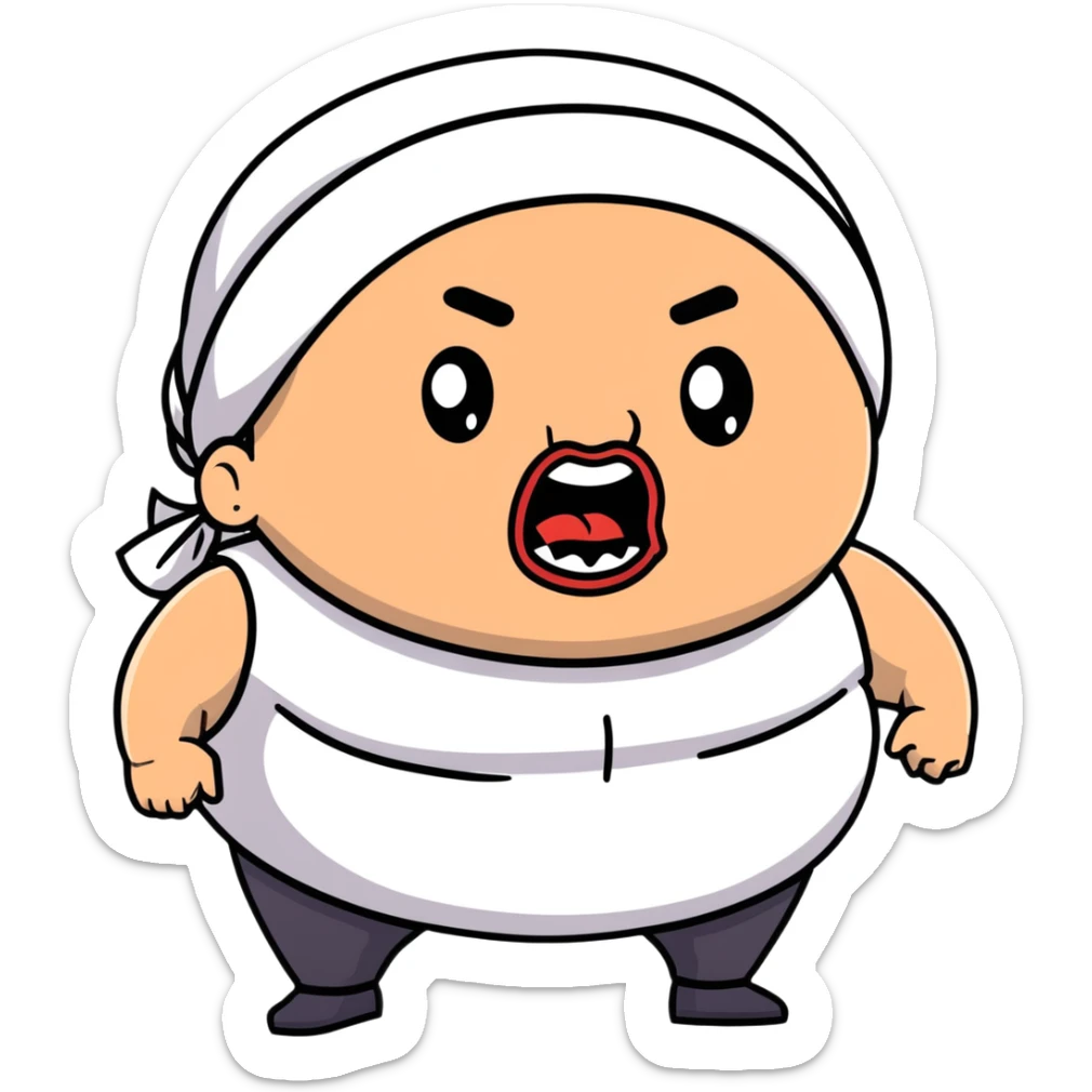 Super extreme tight close-up of just the face of morbidly obese white skin guy with young face, prominent BLACK DURAG tied clearly on head, black beard but no mustache, clean shaven upper lip, black eyes, mouth wide open screaming angrily sticker