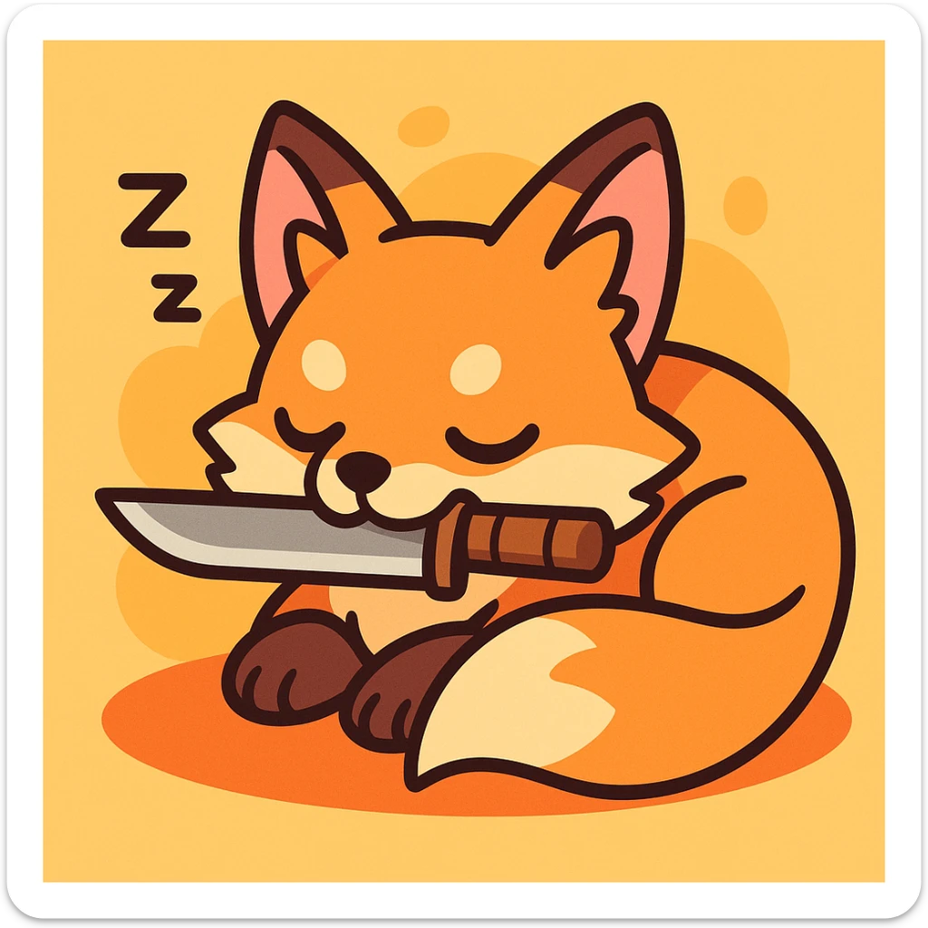 a sleeping fox kitsune with a knife in his mouth, cartoon style, soft colors sticker