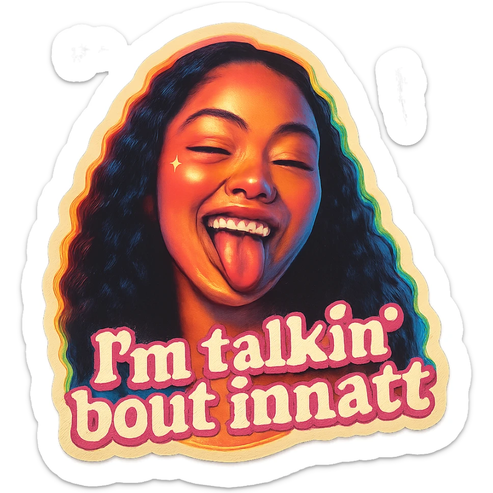 smiling with tongue sticking out
add the words  I’m talking bout innatt in pink sticker