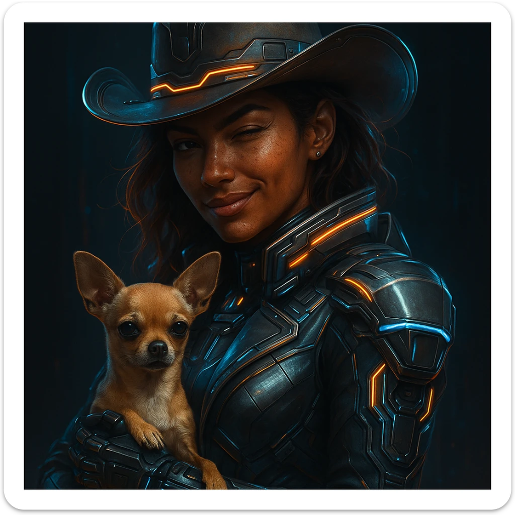 portrait of a tanned female cowboy with subtle freckles, brown hair with auburn highlights, rebellious and playful expression, futuristic style, holding a beige-brown chihuahua, dark background, high-tech elements, metallic colors and neon lights sticker