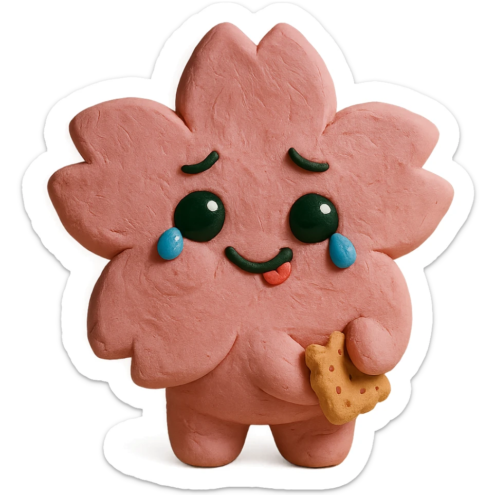 baby pink cherry blossom flower with teary eyes and a mischievous smile, hiding snacks behind its back, soft chubby body, kawaii face, claymation style sticker