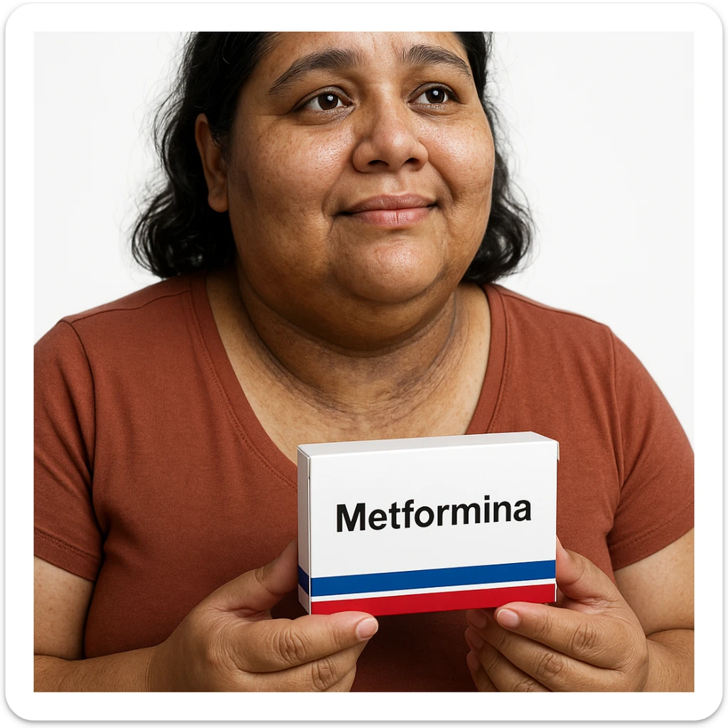 Hyperrealistic 4K vertical 9:16 image of a woman with signs of insulin resistance (acanthosis nigricans, slight overweight), holding a box of Metformin with the word 'Metformina' clearly visible and realistic, hopeful expression, white isolated background. sticker