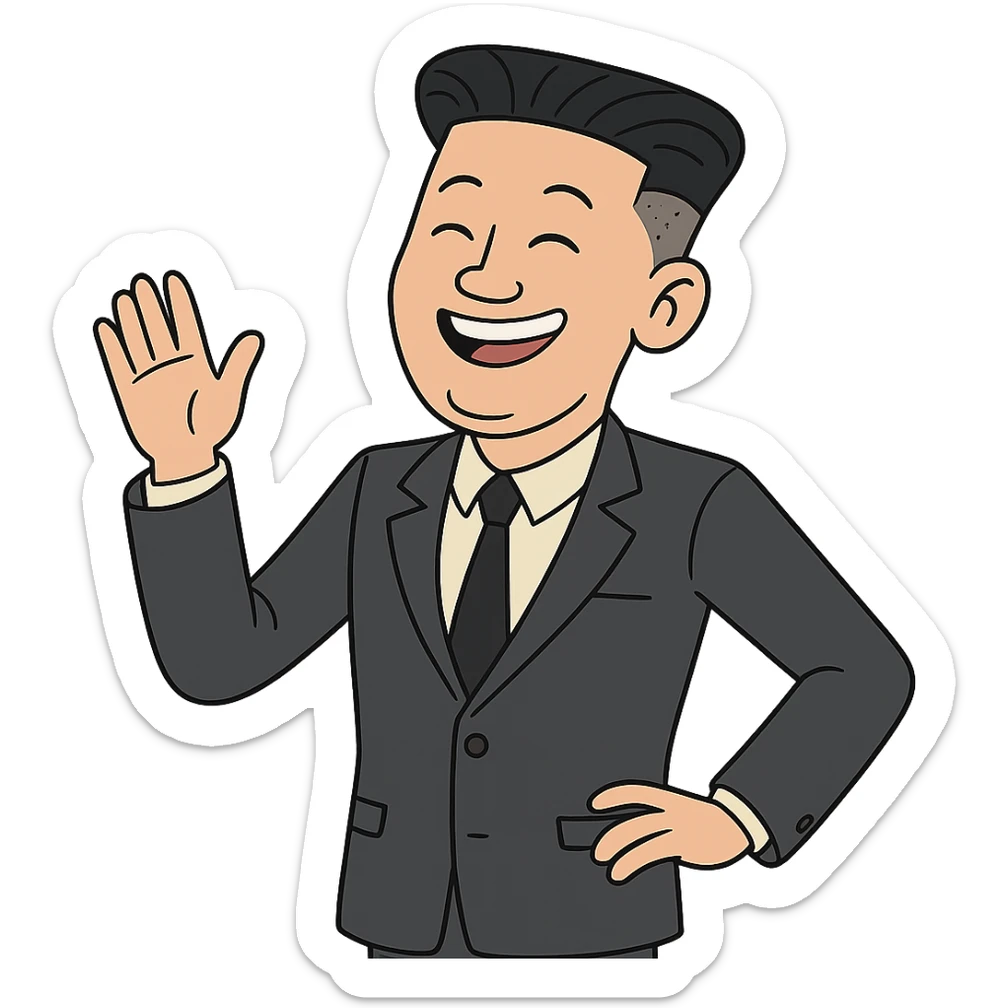playful cartoon of slim Kim Jong Un, smiling, modern suit, recognizable hairstyle, lighthearted and humorous sticker
