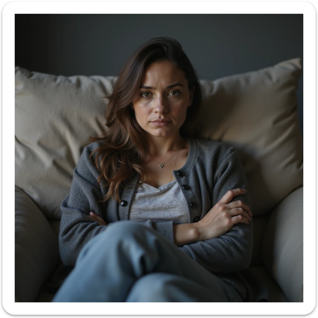 woman sitting on a sofa, tired face, dull eyes, marked dark circles, fatigued posture, comfortable clothing, hyperrealistic style, realistic details, 4K quality, domestic environment sticker